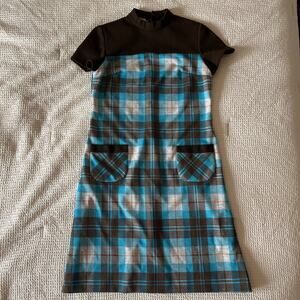 Vintage 60s Mod Plaid Midi Dress w/ Knit Mock Neck